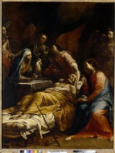 セント ジョセフの死 (セント ジョセフの死)。 聖母マリア、彼を祝福するイエス・キリスト、そして天使たちに囲まれて、死の床に横たわる老人。 Lo Spagnolo (1665-1747) として知られる Giuseppe Maria Crespi の絵画、キャンバスに油彩、1712 年頃。イタリア美術