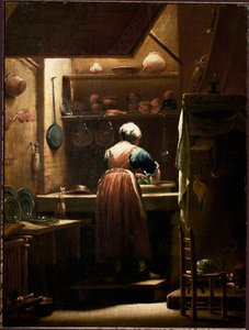 台所の娘」の絵 ジュゼッペ・マリア・クレスピがロ・スパニョーロ（スペイン人）（1665～1747年）と呼んだ 1722年頃 日57x43 cm フィレンツェ、Galleria degli Uffizi（ウフィッツィ美術館 作： Giuseppe Maria Crespi