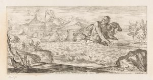 Polyphemus achtervolgt de vloot van Aeneas ここにポリュペーモスが存在し、恐ろしく、平原を大股で横切っています (オブジェクトのタイトル) Omzwervingen van Aeneas (シリーズタイトル) カラッチによるレネア ヴァガンテの絵画 (シリーズ タイトル) 作： Giuseppe Maria Mitelli