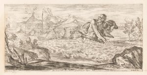 Polyphemus achtervolgt de vloot van Aeneas ここにポリュペーモスが存在し、恐ろしく、平原を大股で横切っています (オブジェクトのタイトル) Omzwervingen van Aeneas (シリーズタイトル) カラッチのレネア・ヴァガンテの絵画（シリーズタイトル） 作： Giuseppe Maria Mitelli