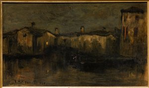 家のある風景（段ボールに油彩） 作： Giuseppe Miti Zanetti