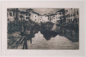 キオッジャの魚市場運河 (白い紙にエッチング) 作： Giuseppe Miti Zanetti