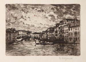 ヴェネツィアのリアルト橋 (白い紙にエッチングとアクアティント) 作： Giuseppe Miti Zanetti