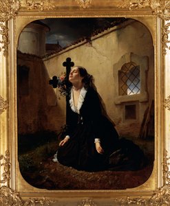 愛する人を失ったことを嘆く、あるいは夫の墓前でマナラ大佐の妻を嘆く、ジュゼッペ・モルテーニ（1800-1867）作、油彩・カンヴァス 作： Giuseppe Molteni