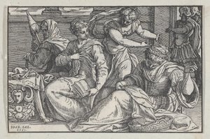 娘たちに裁縫を教えるルクレティア、1557年。 作： Giuseppe Porta