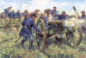 アメリカ南北戦争：戦闘中に銃を使う北軍兵士 - ジュゼッペ・ラヴァによるイラスト