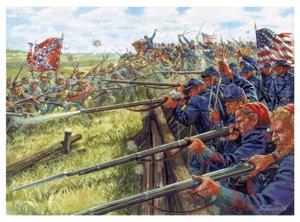 アメリカ南北戦争：灰色（左側は連邦軍の兵士）と青色（北軍の兵士）の戦い - イラスト：ジュゼッペ・ラヴァ
