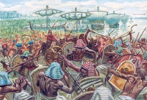 紀元前1175年頃、エジプトのファラオ、ラメセス3世が大規模な海上侵攻を撃退した。 作： Giuseppe Rava