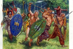 アンティキテ：ガリア戦士の突撃、左は縫い目 - 突撃するガリア戦士、左の一人は鎖帷子を着ている - イラスト：ジュゼッペ・ラヴァ