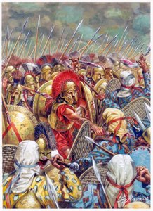 テルモピュライの戦い紀元前480年、レオニダス1世率いるスパルタ軍がギリシャ軍とともにペルシア軍と戦う（ペルシア戦争/テルモピュライの戦い 紀元前480年 - （戦いで倒れるスパルタ王レオニダスとその部下たち） - イラスト：Giusep