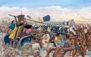 エジプト古代語：紀元前1274年のカデシュの戦いにおけるラムセス2世のエジプト軍に対するムパタリのヒッタイト戦車の突撃 - ムタリ2世率いるヒッタイト帝国の軍隊が、ファラオ・ラメセス2世（紀元前1303年～紀元前1213年）の軍隊に対して突撃した。 作： Giuseppe Rava