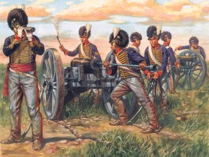 最初の帝国1815年、ワーテルローの戦いで大砲に装填するイギリス軍の大砲兵 - First empire: Soldiers from british army loading a cannon during battle of waterloo in 1815 - Illustration by Giuseppe Rava. 作： Giuseppe Rava