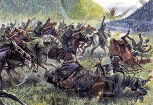 第一次世界大戦：「サヴォイア」 カポレット近郊のストゥピッツァで突撃するイタリア騎兵隊 作： Giuseppe Rava