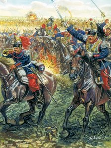 1870年の独仏戦争（普仏戦争）：1870年6月8日のフローシュヴィラー・ヴォースの戦い（Froeschwiller-Woerth）でのフランス戦艦の突撃 - 普仏戦争：ヴォースの戦い（ReichshoffenまたはFroschweiler）（1870年）：フランス騎兵隊突撃（8月 作： Giuseppe Rava