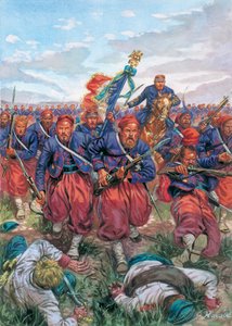1859年のイタリア遠征（第二次イタリア独立戦争）：1859年6月24日のソルフェリーノの戦いにおけるナポレオン3世率いるフランス軍ズアーヴ隊の突撃 - 第二次イタリア独立戦争（オーストリア・フランコ戦争、オーストリア・サルデーニャ戦争、オーストリア・プーリア戦争 作： Giuseppe Rava