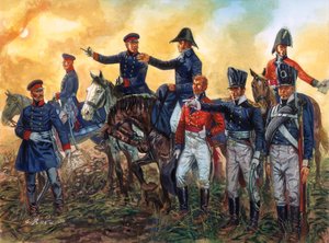 ナポレオン戦争：イギリス軍を指揮するウェリントン公爵アーサー・ウェルズリー（1769-1852）とプロイセン軍を指揮するゲバルト・レベレヒト・フォン・ブルーヒャー（1742-1819）、ワーテルローの戦いでの1815年6月18日 - （ナポレオン戦争：指揮官 ウェリントン公爵 作： Giuseppe Rava