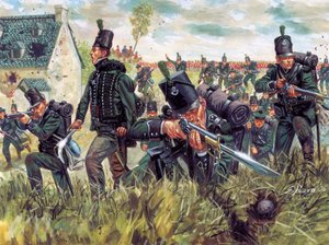 ナポレオン戦争：1815年6月18日、ワーテルローの戦いで砂の採石場を守るライフル兵第95連隊のイギリス人ライフル兵 - （ナポレオン戦争：1815年6月18日、ワーテルローの戦いで砂の採石場を守るイギリス人ライフル兵） イラスト：Giusep