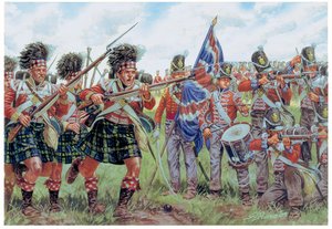 ナポレオン戦争：1815年6月18日、ワーテルローの戦いでのスコットランド兵とイギリス兵 イラスト：Giuseppe Rava 作： Giuseppe Rava
