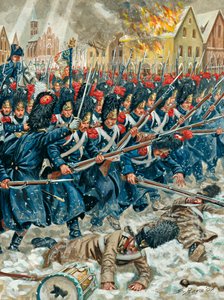 プロイセンのキャンペーン「腕の中の武器」 1807年2月8日、アイラウの戦いにおける帝国軍擲弾兵 - プロイセン戦役：1807年2月7日と8日に行われた、ナポレオン大軍とロシア軍とのアイラウの戦い。 作： Giuseppe Rava