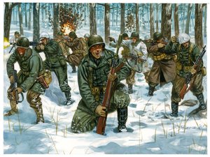 第二次世界大戦：アルデンヌの戦いにおけるアメリカ歩兵の攻勢（バストーニュ、1944年12月） - 第二次世界大戦：バルジの戦いにおけるアメリカ歩兵の攻勢（バルジ、1944年12月） - イラスト：Giuseppe Rava