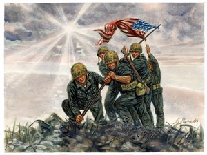 第二次世界大戦、太平洋戦争：硫黄島の戦い、アメリカ海兵隊の勝利、1945年2月 - WWII, Pacific war：硫黄島の戦い（離島作戦）、アメリカ国旗を掲げるアメリカ海兵隊員、1945年2月、日本 - イラスト：Giuseppe Rava 作： Giuseppe Rava