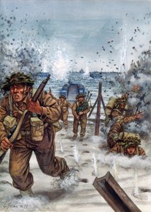 第二次世界大戦：ノルマンディー上陸作戦中のスコットランド兵 1944年6月6日 - WWII, D day：1944年6月6日、ノルマンディー上陸の日のスコットランド兵 - イラスト：Giuseppe Rava 作： Giuseppe Rava