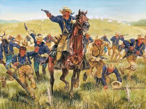 スペインと北米の間で起こった米西戦争またはキューバ独立戦争（1868年～1898年）：キューバで荒馬部隊とともに突撃するアメリカの軍人・政治家セオドア・ルーズベルト（1858年～1919年）の肖像 - 米西戦争（キューバ独立戦争） 作： Giuseppe Rava
