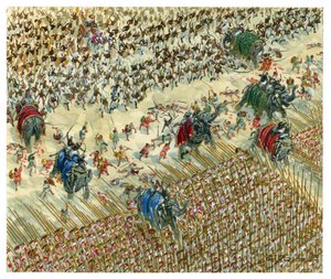 紀元前327年、ヒダスペスの戦い アレクサンドロスとポラスの戦い - インダス渓谷の征服を続けるアレクサンドロス大王 - ヒダスペスの戦いでポラス王と戦うアレクサンドロス大王 - イラスト：Giuseppe Rava 作： Giuseppe Rava