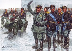 軍事パレードで黒シャツ（Camicie nere）を従えてファシストの挨拶をするドゥーチェ・ベニート・ムッソリーニ（1883-1945） - 軍事パレード中のベニート・ムッソリーニと黒シャツ - イラスト：Giuseppe Rava 作： Giuseppe Rava