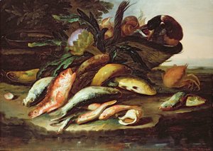 死んだ魚とゲームのある静物（キャンバスに油彩）