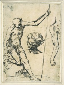 人物研究: 棒を持った男、ターバンを巻いた男の頭、後ろから見た左腕 作： Giuseppe Ribera