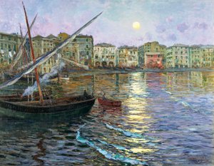 リグーリアの月の詩、ジュゼッペ・サシェリ（1863-1950）作、キャンバスに油彩 作： Giuseppe Sacheri