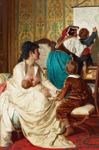 "The Joys Of The Good Mother" 赤ちゃんに母乳を与える母親 ジュゼッペ・スキューティ（1834-1911）の絵画 1877年 個人蔵 作： Giuseppe Sciuti