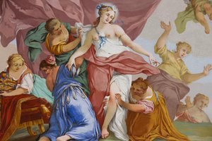 ドメニコ・ヴァレリアーニとジュゼッペ・ヴァレリアーニによるディアナの神話の表現、寝室のアーチ型天井、王の居室、狩猟住居、フィリッポ・フヴァラ（1678年～1736年）によるフレスコ画、イタリア、ピエモンテ州ストゥピニージ市 作： Giuseppe and Valeriani Domenico Valeriani