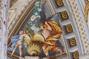 ドメニコ・ヴァレリアーニとジュゼッペ・ヴァレリアーニのフレスコ画が描かれた翼のあるエフェベス、フィリッポ・フヴァラ（1678-1736）作の狩猟用住居、イタリア、ピエモンテ州ストゥピニーギ 作： Giuseppe and Valeriani Domenico Valeriani