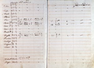 ジュゼッペ・ヴェルディによるオペラ「マクベス」のオリジナル楽譜のダブルページ 作： Giuseppe Verdi