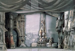 バリャドリッド大聖堂の前の広場、第 3 幕、第 4 場、ジュゼッペ ヴェルディ (1813-1901) によるドン カルロスのためのシャルル カンポンによるセット デザイン、パリでの公演、サル ル ペルティエ オペラハウス、3 月 11 日 作： Giuseppe Verdi