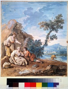 川岸で休む 3 人の農民。 ジュゼッペ・ザイス (1709-1784) の絵画。 紙に水彩、29.5 x 26.2 cm、1750 年頃。ヴェネツィア派、18 世紀のイタリア絵画。 プーシキン美術館、 作： Giuseppe Zais