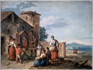 立っているマドンナ像のある幕屋の前の農民のグループ。 ジュゼッペ・ザイス (1709-1784) による素描。 紙にテンペラとセピア、30.2 x 38 cm、1750 年頃。 作： Giuseppe Zais