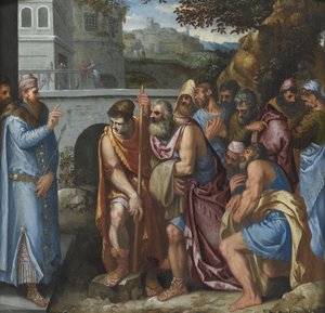 ヨセフとその兄弟たち」 サルヴィアーティ、ジュゼッペ（1520-1575）。木に油彩、サイズ：62x62 作： Giuseppe della Porta Salviati