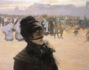 ブーローニュの森からの帰り道、犬を連れた婦人」ジュゼッペ・デ・ニッティス作、詳細 作： Giuseppe or Joseph de Nittis