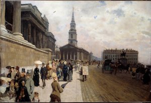 ロンドンのナショナル・ギャラリーとセント・マーティンズ教会 ジュゼッペ・デ・ニッティス（1846-1884）の絵画 作： Giuseppe or Joseph de Nittis