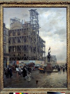 1875年のパリのピラミデス広場の眺め 工事現場の近くで広場を横切るパリジャンたち。ジュゼッペ・デ・ニッティス（1846-1894）の絵画 1875年 日。0,92x0,74 m パリ、オルセー美術館 作： Giuseppe or Joseph de Nittis