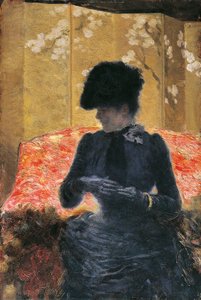 赤いソファに座る女性 作： Giuseppe or Joseph de Nittis