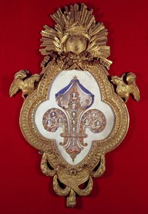 フルールドフランス、ルイ15世（1710-74）とその子孫の13の肖像画を含む家系図の木、1765年のフルールドリス形のフレーム（金とエナメル）
