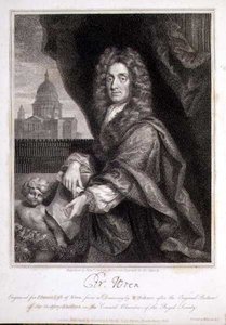エルメの「レンの生涯」のために彫られたクリストファー・レンの肖像画 作： Godfrey (after) Kneller
