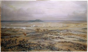 1900年、パルデベルク近くのヴェーデュートドリフトでのクロニエ軍の攻撃 作： Godfrey Douglas Giles