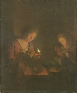 火と光 (女の子がランタンにろうそくを置き、男の子が擦り皿の石炭を吹く) 作： Godfried Schalcken (attributed to)