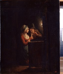 ろうそくの明かりに照らされた男女。 Godfried Cornelisz Schalcken (1643-1706) の絵画。 キャンバスに油彩、31 x 25 cm。 オランダ美術、バロック美術。 国立野外博物館パレス ガッチナ、サンクトペテルブルク。 作： Godfried Schalcken