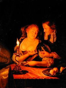 女性に指輪を差し出す紳士（油彩・パネル 作： Godfried Schalcken